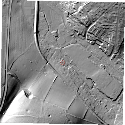 Shaded relief map of the ground around HP51SH, computed from Environment Agency LiDAR. The ground here sits at about 98 m above sea level and falls 56 m across the surrounding 800 m. Surface water reaching this point runs off ground lying to the south-south-west, 51.3 m higher.