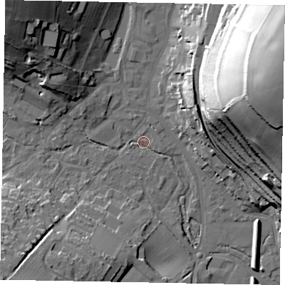 Shaded relief map of the ground around HP51SJ, computed from Environment Agency LiDAR. The ground here sits at about 100 m above sea level and falls 58 m across the surrounding 800 m. Surface water reaching this point runs off ground lying to the north-west, 34.3 m higher.