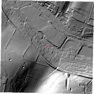 Shaded relief map of the ground around HP51SS, computed from Environment Agency LiDAR. The ground here sits at about 96 m above sea level and falls 59 m across the surrounding 800 m. Surface water reaching this point runs off ground lying to the west-south-west, 47.6 m higher.