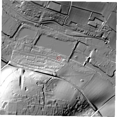 Shaded relief map of the ground around HP51TA, computed from Environment Agency LiDAR. The ground here sits at about 95 m above sea level and falls 67 m across the surrounding 800 m. Surface water reaching this point runs off ground lying to the south-south-west, 17.4 m higher.