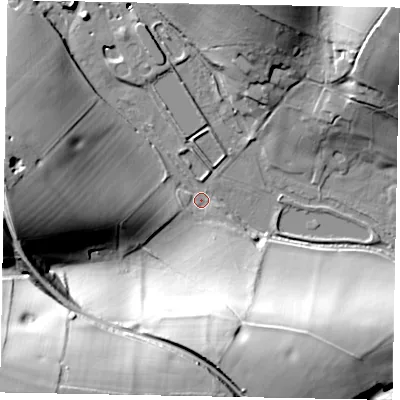Shaded relief map of the ground around HP51TL, computed from Environment Agency LiDAR. The ground here sits at about 89 m above sea level and falls 64 m across the surrounding 800 m. Surface water reaching this point runs off ground lying to the south-south-west, 57.4 m higher.