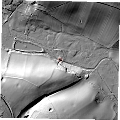 Shaded relief map of the ground around HP51TP, computed from Environment Agency LiDAR. The ground here sits at about 87 m above sea level and falls 56 m across the surrounding 800 m. Surface water reaching this point runs off ground lying to the west-south-west, 50.7 m higher.