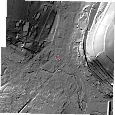 Shaded relief map of the ground around HP51TW, computed from Environment Agency LiDAR. The ground here sits at about 101 m above sea level and falls 56 m across the surrounding 800 m. Surface water reaching this point runs off ground lying to the north-west, 36.3 m higher.