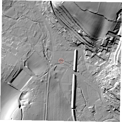 Shaded relief map of the ground around HP51WA, computed from Environment Agency LiDAR. The ground here sits at about 98 m above sea level and falls 59 m across the surrounding 800 m. Surface water reaching this point runs off ground lying to the south-west, 29.9 m higher.