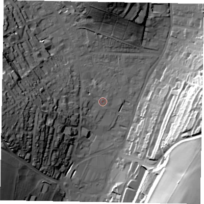Shaded relief map of the ground around HP52AA, computed from Environment Agency LiDAR. The ground here sits at about 104 m above sea level and falls 57 m across the surrounding 800 m. Surface water reaching this point runs off ground lying to the west-south-west, 2.9 m higher.
