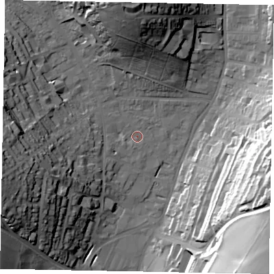 Shaded relief map of the ground around HP52AF, computed from Environment Agency LiDAR. The ground here sits at about 104 m above sea level and falls 56 m across the surrounding 800 m. Surface water reaching this point runs off ground lying to the north, 32.9 m higher.
