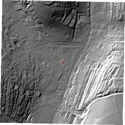 Shaded relief map of the ground around HP52AH, computed from Environment Agency LiDAR. The ground here sits at about 104 m above sea level and falls 58 m across the surrounding 800 m. Surface water reaching this point runs off ground lying to the north, 1.7 m higher.