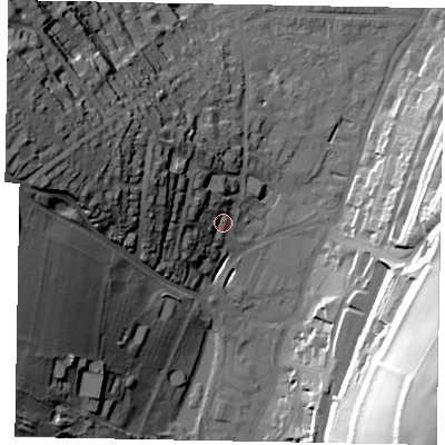 Shaded relief map of the ground around HP52HA, computed from Environment Agency LiDAR. The ground here sits at about 106 m above sea level and falls 53 m across the surrounding 800 m. Surface water reaching this point runs off ground lying to the west-north-west, 18.5 m higher.
