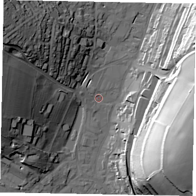 Shaded relief map of the ground around HP52JB, computed from Environment Agency LiDAR. The ground here sits at about 102 m above sea level and falls 57 m across the surrounding 800 m. Surface water reaching this point runs off ground lying to the east-north-east, 38.8 m higher.