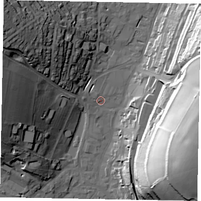 Shaded relief map of the ground around HP52JD, computed from Environment Agency LiDAR. The ground here sits at about 103 m above sea level and falls 56 m across the surrounding 800 m. Surface water reaching this point runs off ground lying to the west-north-west, 5.5 m higher.