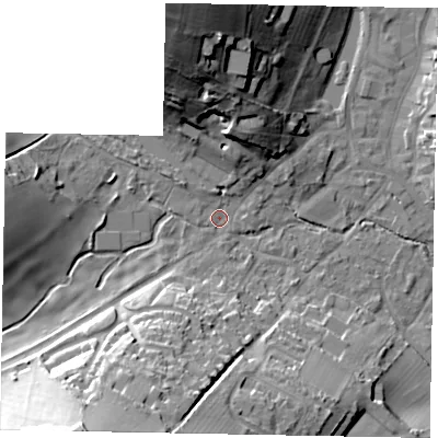Shaded relief map of the ground around HP52JS, computed from Environment Agency LiDAR. The ground here sits at about 101 m above sea level and falls 35 m across the surrounding 800 m. Surface water reaching this point runs off ground lying to the north-north-west, 32.8 m higher.