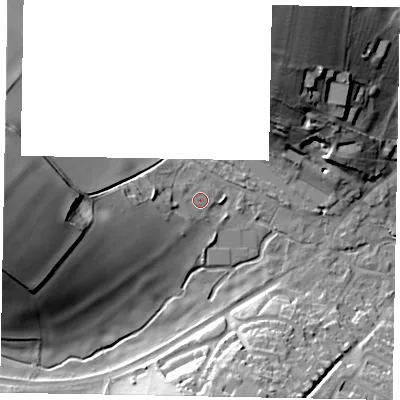 Shaded relief map of the ground around HP52JU, computed from Environment Agency LiDAR. The ground here sits at about 104 m above sea level and falls 37 m across the surrounding 800 m. Surface water reaching this point runs off ground lying to the west-south-west, 17.4 m higher.