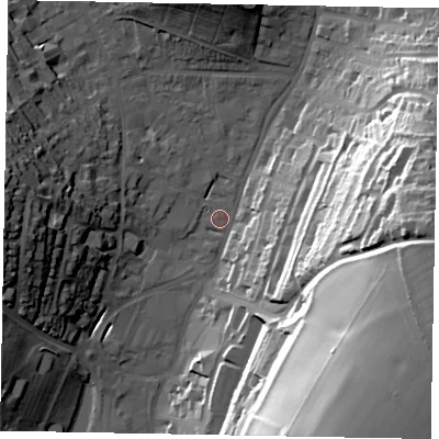 Shaded relief map of the ground around HP53DX, computed from Environment Agency LiDAR. The ground here sits at about 104 m above sea level and falls 60 m across the surrounding 800 m. Surface water reaching this point runs off ground lying to the east-south-east, 56.1 m higher.