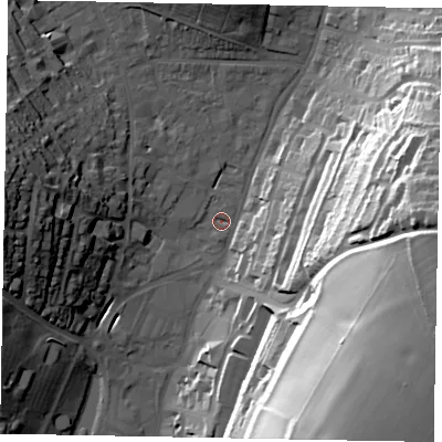 Shaded relief map of the ground around HP53DZ, computed from Environment Agency LiDAR. The ground here sits at about 103 m above sea level and falls 60 m across the surrounding 800 m. Surface water reaching this point runs off ground lying to the west, 26.3 m higher.
