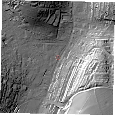 Shaded relief map of the ground around HP53ED, computed from Environment Agency LiDAR. The ground here sits at about 104 m above sea level and falls 58 m across the surrounding 800 m. Surface water reaching this point runs off ground lying to the south-east, 50.8 m higher.