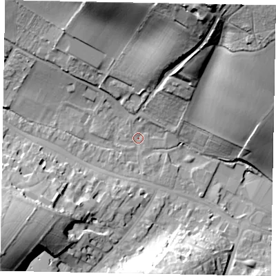 Shaded relief map of the ground around HP70DA, computed from Environment Agency LiDAR. The ground here sits at about 92 m above sea level and falls 55 m across the surrounding 800 m. Surface water reaching this point runs off ground lying to the north-north-east, 50.9 m higher.