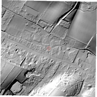 Shaded relief map of the ground around HP70DB, computed from Environment Agency LiDAR. The ground here sits at about 92 m above sea level and falls 52 m across the surrounding 800 m. Surface water reaching this point runs off ground lying to the south-west, 28.3 m higher.