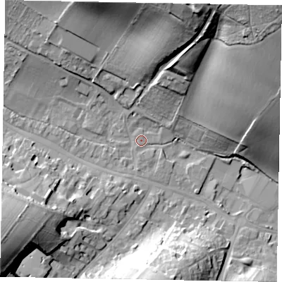 Shaded relief map of the ground around HP70DD, computed from Environment Agency LiDAR. The ground here sits at about 92 m above sea level and falls 55 m across the surrounding 800 m. Surface water reaching this point runs off ground lying to the south, 0.8 m higher.