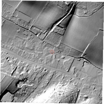 Shaded relief map of the ground around HP70DE, computed from Environment Agency LiDAR. The ground here sits at about 92 m above sea level and falls 55 m across the surrounding 800 m. Surface water reaching this point runs off ground lying to the north-north-east, 47.5 m higher.
