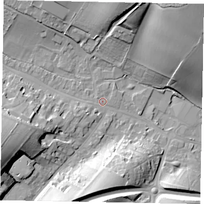 Shaded relief map of the ground around HP70DF, computed from Environment Agency LiDAR. The ground here sits at about 92 m above sea level and falls 48 m across the surrounding 800 m. Surface water reaching this point runs off ground lying to the west-south-west, 4.8 m higher.