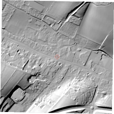 Shaded relief map of the ground around HP70DG, computed from Environment Agency LiDAR. The ground here sits at about 92 m above sea level and falls 48 m across the surrounding 800 m. Surface water reaching this point runs off ground lying to the south-west, 2.9 m higher.