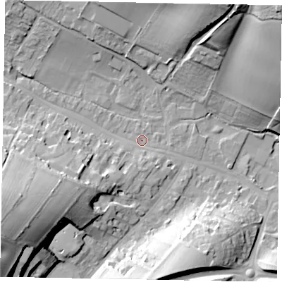 Shaded relief map of the ground around HP70DP, computed from Environment Agency LiDAR. The ground here sits at about 92 m above sea level and falls 47 m across the surrounding 800 m. Surface water reaching this point runs off ground lying to the west-south-west, 32.3 m higher.