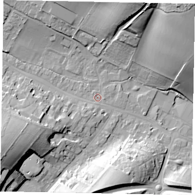 Shaded relief map of the ground around HP70DR, computed from Environment Agency LiDAR. The ground here sits at about 92 m above sea level and falls 49 m across the surrounding 800 m. Surface water reaching this point runs off ground lying to the east-south-east, 0.9 m higher.