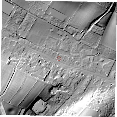 Shaded relief map of the ground around HP70DT, computed from Environment Agency LiDAR. The ground here sits at about 92 m above sea level and falls 45 m across the surrounding 800 m. Surface water reaching this point runs off ground lying to the south-west, 37.4 m higher.