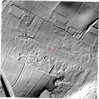 Shaded relief map of the ground around HP70DY, computed from Environment Agency LiDAR. The ground here sits at about 93 m above sea level and falls 48 m across the surrounding 800 m. Surface water reaching this point runs off ground lying to the south-west, 36.9 m higher.