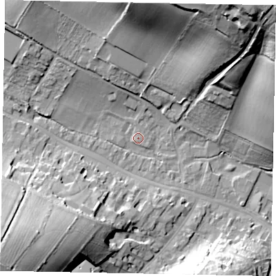 Shaded relief map of the ground around HP70EP, computed from Environment Agency LiDAR. The ground here sits at about 93 m above sea level and falls 53 m across the surrounding 800 m. Surface water reaching this point runs off ground lying to the north, 32.6 m higher.