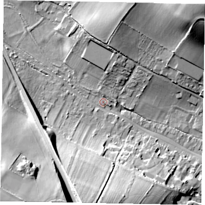 Shaded relief map of the ground around HP70EQ, computed from Environment Agency LiDAR. The ground here sits at about 95 m above sea level and falls 51 m across the surrounding 800 m. Surface water reaching this point runs off ground lying to the south-south-west, 30.0 m higher.