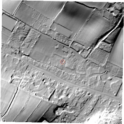 Shaded relief map of the ground around HP70ES, computed from Environment Agency LiDAR. The ground here sits at about 92 m above sea level and falls 55 m across the surrounding 800 m. Surface water reaching this point runs off ground lying to the north-north-west, 5.6 m higher.