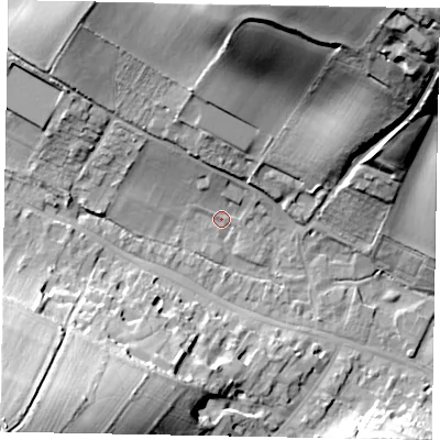 Shaded relief map of the ground around HP70ET, computed from Environment Agency LiDAR. The ground here sits at about 93 m above sea level and falls 57 m across the surrounding 800 m. Surface water reaching this point runs off ground lying to the north-north-west, 5.6 m higher.