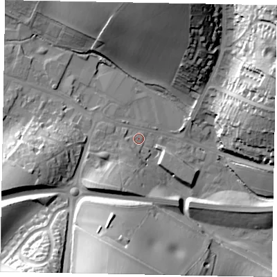 Shaded relief map of the ground around HP70EZ, computed from Environment Agency LiDAR. The ground here sits at about 90 m above sea level and falls 42 m across the surrounding 800 m. Surface water reaching this point runs off ground lying to the south-west, 13.1 m higher.