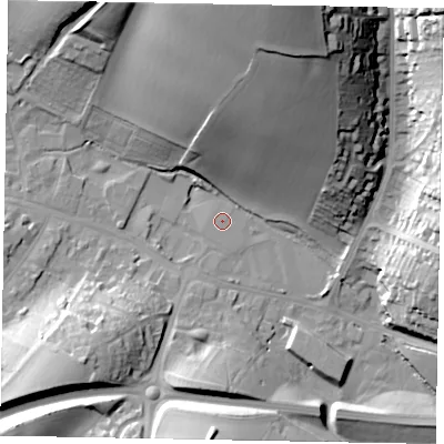 Shaded relief map of the ground around HP70HA, computed from Environment Agency LiDAR. The ground here sits at about 90 m above sea level and falls 48 m across the surrounding 800 m. The ground contributing surface water to this point lies to the north-east.