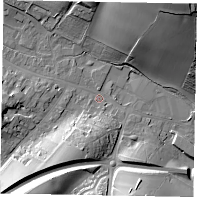 Shaded relief map of the ground around HP70HJ, computed from Environment Agency LiDAR. The ground here sits at about 91 m above sea level and falls 44 m across the surrounding 800 m. Surface water reaching this point runs off ground lying to the south-west, 19.7 m higher.