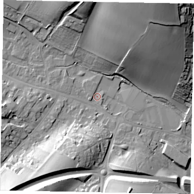 Shaded relief map of the ground around HP70HL, computed from Environment Agency LiDAR. The ground here sits at about 91 m above sea level and falls 48 m across the surrounding 800 m. Surface water reaching this point runs off ground lying to the south-west, 19.8 m higher.