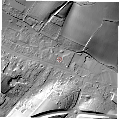 Shaded relief map of the ground around HP70JP, computed from Environment Agency LiDAR. The ground here sits at about 91 m above sea level and falls 50 m across the surrounding 800 m. Surface water reaching this point runs off ground lying to the west-north-west, 0.9 m higher.