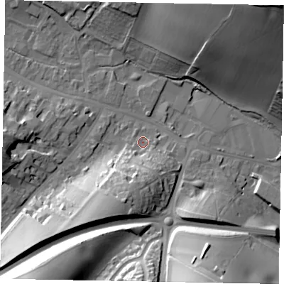 Shaded relief map of the ground around HP70JW, computed from Environment Agency LiDAR. The ground here sits at about 92 m above sea level and falls 41 m across the surrounding 800 m. Surface water reaching this point runs off ground lying to the south-south-west, 15.4 m higher.