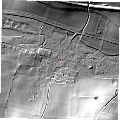 Shaded relief map of the ground around HP70QY, computed from Environment Agency LiDAR. The ground here sits at about 107 m above sea level and falls 37 m across the surrounding 800 m. Surface water reaching this point runs off ground lying to the south-south-west, 15.5 m higher.