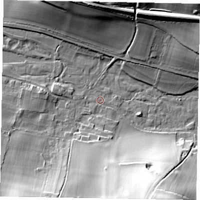 Shaded relief map of the ground around HP70QZ, computed from Environment Agency LiDAR. The ground here sits at about 107 m above sea level and falls 36 m across the surrounding 800 m. Surface water reaching this point runs off ground lying to the south-south-east, 25.5 m higher.