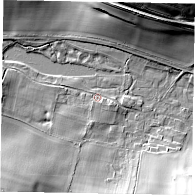 Shaded relief map of the ground around HP70RA, computed from Environment Agency LiDAR. The ground here sits at about 109 m above sea level and falls 31 m across the surrounding 800 m. Surface water reaching this point runs off ground lying to the south-west, 22.9 m higher.