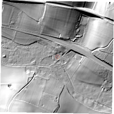 Shaded relief map of the ground around HP70RG, computed from Environment Agency LiDAR. The ground here sits at about 104 m above sea level and falls 43 m across the surrounding 800 m. Surface water reaching this point runs off ground lying to the south-west, 41.9 m higher.