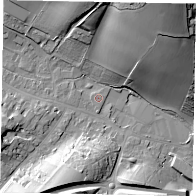 Shaded relief map of the ground around HP70UT, computed from Environment Agency LiDAR. The ground here sits at about 91 m above sea level and falls 51 m across the surrounding 800 m. The ground contributing surface water to this point lies to the north-east.
