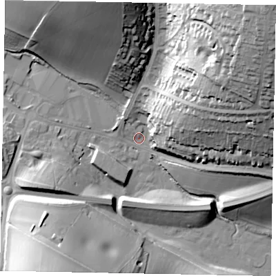 Shaded relief map of the ground around HP79DA, computed from Environment Agency LiDAR. The ground here sits at about 89 m above sea level and falls 51 m across the surrounding 800 m. Surface water reaching this point runs off ground lying to the north-east, 48.7 m higher.