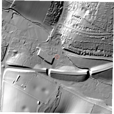 Shaded relief map of the ground around HP79DD, computed from Environment Agency LiDAR. The ground here sits at about 88 m above sea level and falls 48 m across the surrounding 800 m. Surface water reaching this point runs off ground lying to the north-east, 46.8 m higher.