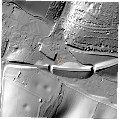 Shaded relief map of the ground around HP79DE, computed from Environment Agency LiDAR. The ground here sits at about 87 m above sea level and falls 47 m across the surrounding 800 m. Surface water reaching this point runs off ground lying to the south-west, 46.0 m higher.
