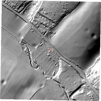 Shaded relief map of the ground around HP79DT, computed from Environment Agency LiDAR. The ground here sits at about 90 m above sea level and falls 51 m across the surrounding 800 m. Surface water reaching this point runs off ground lying to the east-north-east, 3.7 m higher.