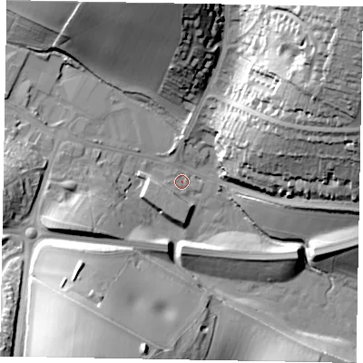 Shaded relief map of the ground around HP79DU, computed from Environment Agency LiDAR. The ground here sits at about 89 m above sea level and falls 49 m across the surrounding 800 m. Surface water reaching this point runs off ground lying to the north-east, 46.5 m higher.