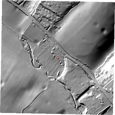 Shaded relief map of the ground around HP79FF, computed from Environment Agency LiDAR. The ground here sits at about 87 m above sea level and falls 48 m across the surrounding 800 m. Surface water reaching this point runs off ground lying to the north-north-east, 7.2 m higher.